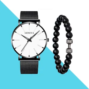Minimalistische Quarzuhr mit Netzarmband und Perlenarmband mit Hantel-Anhänger