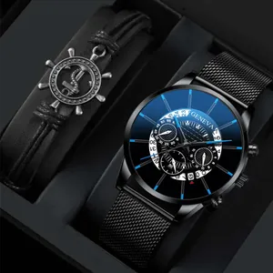 Montre à Quartz de Mode Affaires pour Homme Et Ensemble de Bracelet en Cuir Tressé Avec Bracelet en Maille d'Acier Inoxydable Design Geneva