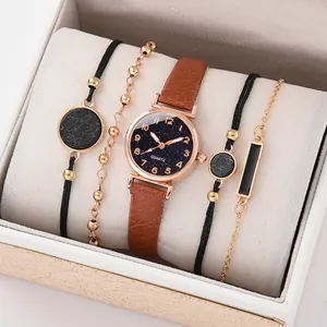 Women Elegant Starry Sky Dial Quartz Watch With Matching Bracelets Faux Leather Strap Fashion Jewelry Combination For Ladies
