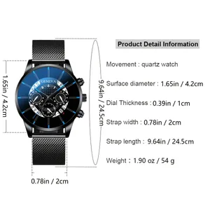 Montre à quartz pour hommes avec bracelet en maille noire et index bleus détaillés