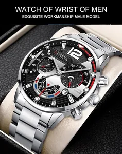 Dettaglio dell'orologio business in acciaio con quadrante nero multifunzione in scatola