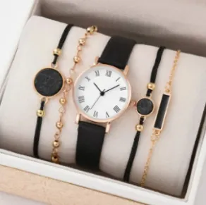 5-piece set featuring a rose gold quartz watch with black leather strap and 4 bracelets