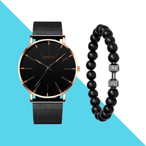 Makroaufnahme von Geneva Herrenuhr mit schwarzem Netzarmband und Hantel-Perlenarmband Set