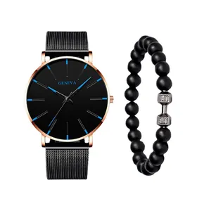 Herrenuhr von Geneva mit blauen Zeigern, schwarzem Mesh-Armband und Perlenarmband-Set