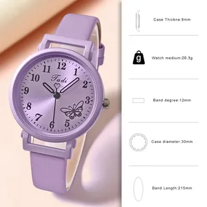 Montre à quartz pour femme violette avec cadran soleil, motif papillon et cuir souple