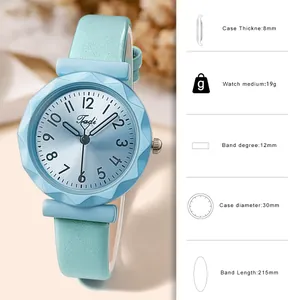Light blue minimalist fashion quartz watch for women with faceted glass and leather strap