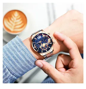 Orologio business da uomo con quadrante cronografo blu e cinturino bicolore in acciaio