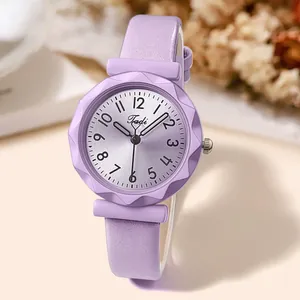 Fashionable lavender leather quartz watch with a geometric case and small purple dial