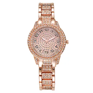 Reloj de cuarzo oro rosa para mujer con pedrería completa y esfera de números arábigos