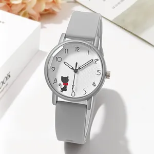 Cute cartoon cat quartz watch with grey silicone strap and textured white dial