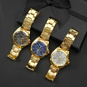 Men's Business Casual Quartz Watch Gold Steel Band Luminous Calendar Multi-Function Round Dial Fashion Wristwatch