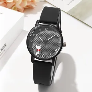 Detail of creative black quartz watch featuring a 3D geometric dial with a cute white cat