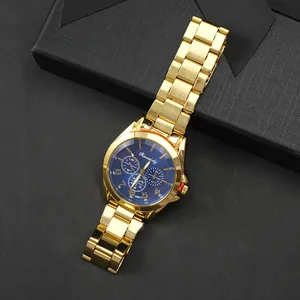 Men's gold steel business watch with blue dial and calendar date in black gift box