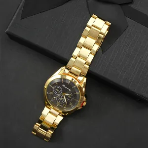 Men's gold stainless steel quartz watch with black chronograph dial on a gift box