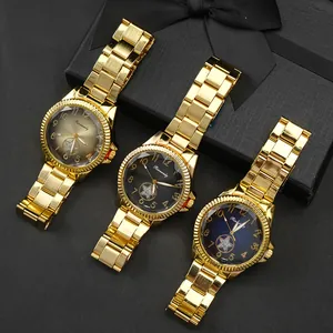 Luxury Gold Quartz Watch For Men Women Business Fashion Wristwatch With Stainless Steel Band Rhinestone Star Dial Fluted Bezel Calendar Gift
