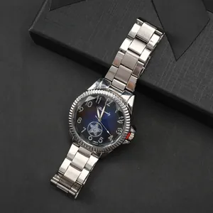Men's business watch with blue gradient dial and silver stainless steel strap in gift box
