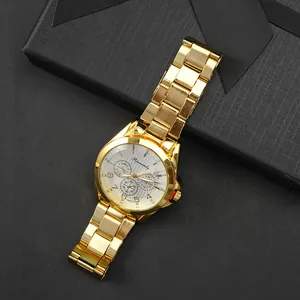 Golden stainless steel quartz watch with white dial and luminous hands in a black gift box