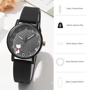 Minimalist quartz watch for women with black cat dial and silicone strap plus size specs