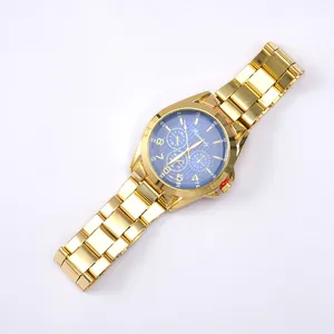 Men's gold steel quartz watch with blue multifunctional dial and luminous hands