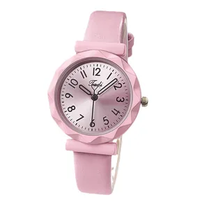 Elegant pink women's quartz watch with slim leather strap and faceted glass case design
