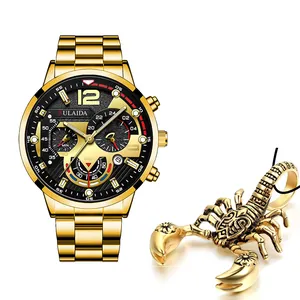 Luminous quartz watch with steel band and gold scorpion pendant for business style