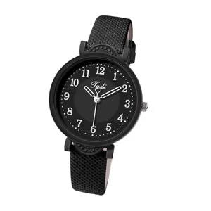 Women's quartz wrist watch with black dial and woven texture strap on white background