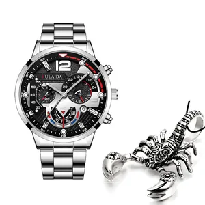 Mens business quartz watch with stainless steel strap and silver scorpion accessory