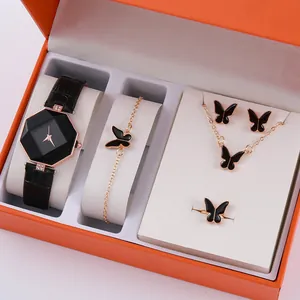 Set da 5 pezzi con orologio nero ottagonale e gioielli a farfalla in scatola regalo