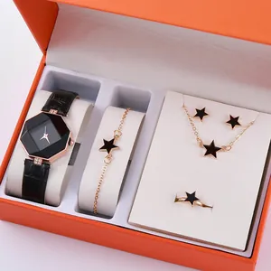 Set regalo donna 5 pezzi con orologio esagonale nero e gioielli a stella in scatola arancione