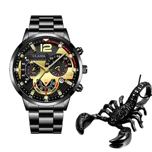 Men's business quartz watch with black steel strap and unique scorpion pendant set