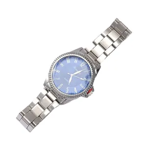 Men's quartz watch with blue grid dial and silver steel strap on white background