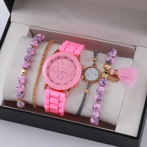Women Quartz Watch Necklace Bracelet Earrings Ring Pink Silicone Strap Butterfly Heart Pendant Jewelry Fashion Accessories