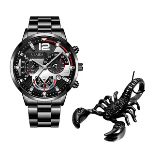 Men's business quartz watch with black steel band, calendar, and scorpion pendant accessory