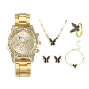 Montre à Quartz de Luxe pour Femmes et Ensemble de Bijoux Papillon Montre en Alliage Strass Collier Boucles d'Oreilles Bague Bracelet