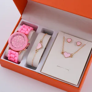Pink silicone watch set with heart jewelry in a premium orange gift box