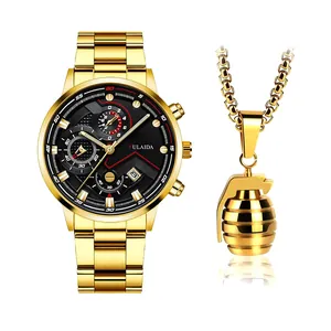Set orologio al quarzo dorato da uomo con collana con ciondolo a granata