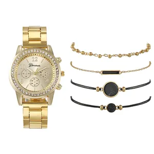 Coffret montre à quartz dorée Geneva avec lunette en cristal et quatre bracelets