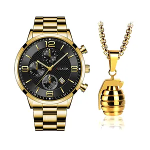 Set orologio da uomo in oro e collana con ciondolo a granata, quadrante nero e cinturino