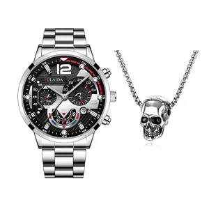 Herenstalen horloge en schedel hanger ketting set met lichtgevende wijzers