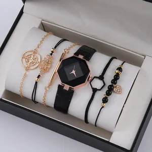 Set da 5 pezzi con orologio ottagonale nero e bracciali coordinati in oro rosa