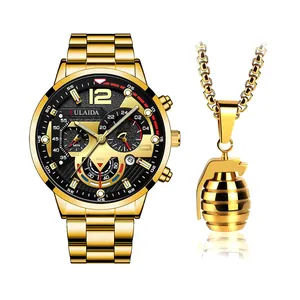 Set orologio da uomo in acciaio dorato e collana con ciondolo a granata per il business