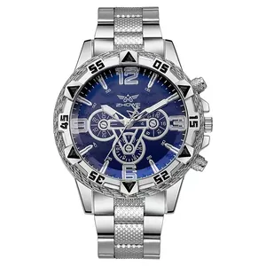 Montre à quartz pour hommes avec cadran bleu, bracelet en acier argenté et chronographe