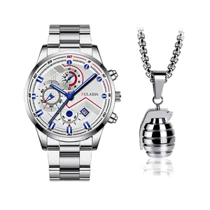Set regalo orologio al quarzo argento multi-quadrante e collana pendente granata