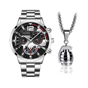 Set Orologio al Quarzo e Collana da Uomo Cinturino in Acciaio Lega Orologio da Polso Stile Cronografo con Ciondolo a Granata Catena Gioielli Regalo