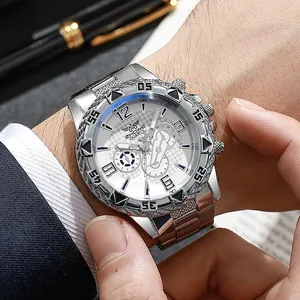 Business style silver stainless steel quartz watch with white textured dial on wrist