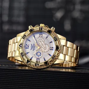 Luxury gold men's quartz watch with business style steel strap and multifunction dial