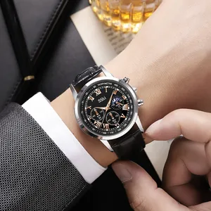 Men Business Quartz Watch Alloy Case Roman Numerals Faux Leather Strap Chronograph Three Eye Multi Function Analog Wristwatch