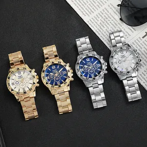 Business quartz watch set with large alloy dial and metal chain strap in various colors