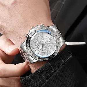Men's fashion steel watch with large silver dial and chronograph design in business style