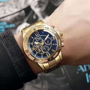 Men's fashion gold steel watch with large blue dial and triple sub-dial display
